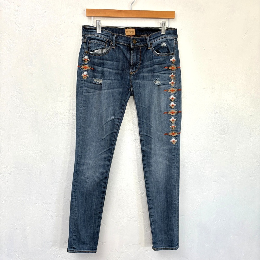 Driftwood Marilyn Embroidered Jeans Women Size 27 Blue Southwestern Distressed